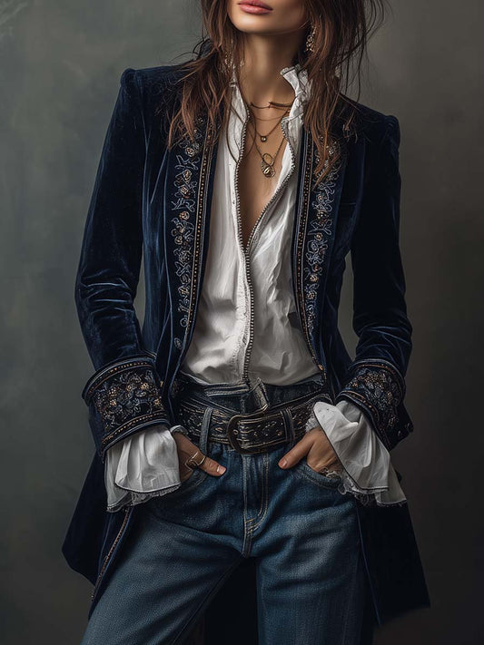 Federica | Long Vintage Velvet Jacket with Embroidery